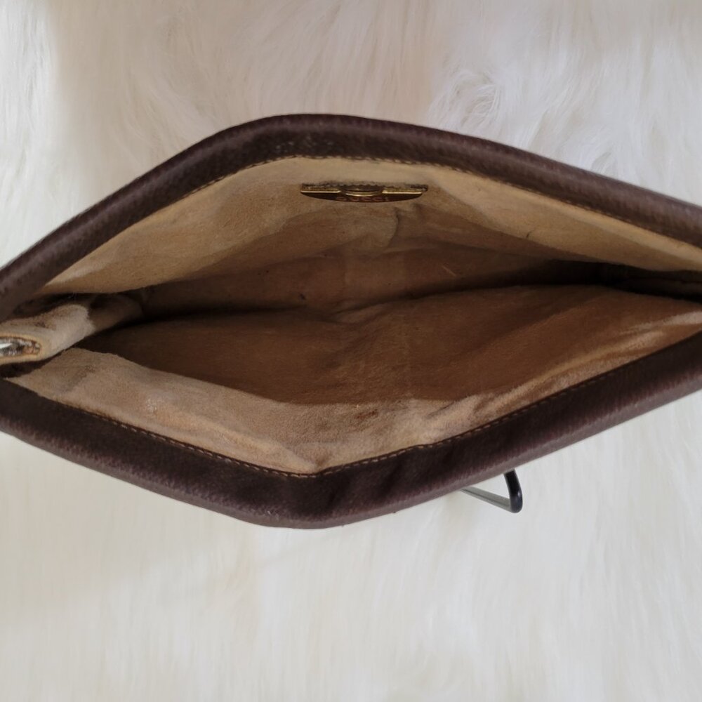 GUCCI PLUS VINTAGE CLUTCH Iconic Gucci Canvas Brown/Tan w Red/Green Stripe - Picture 9 of 10